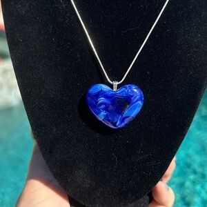 Blue glass heart pendant - fused glass with sterling silver chain - HANDMADE